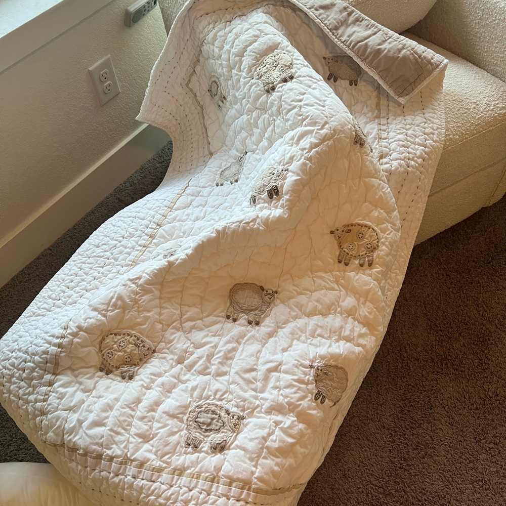 Pottery Barn Kids Cream and Beige Sheep Quilted Baby Blanket